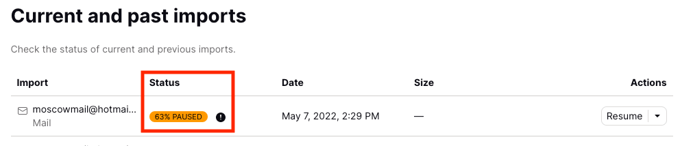 Status indicator showing import paused