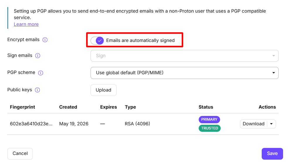 Encrypt emails button