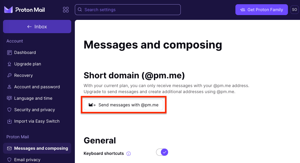Button to upgrade and send messages with your short @pm.me email address if you're on Proton Free
