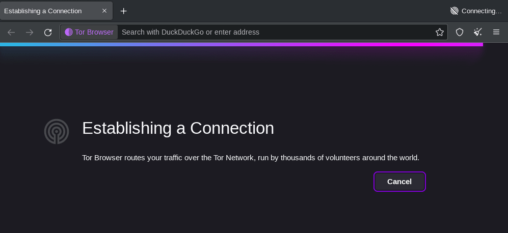 Il browser Tor che stabilisce una connessione Tor