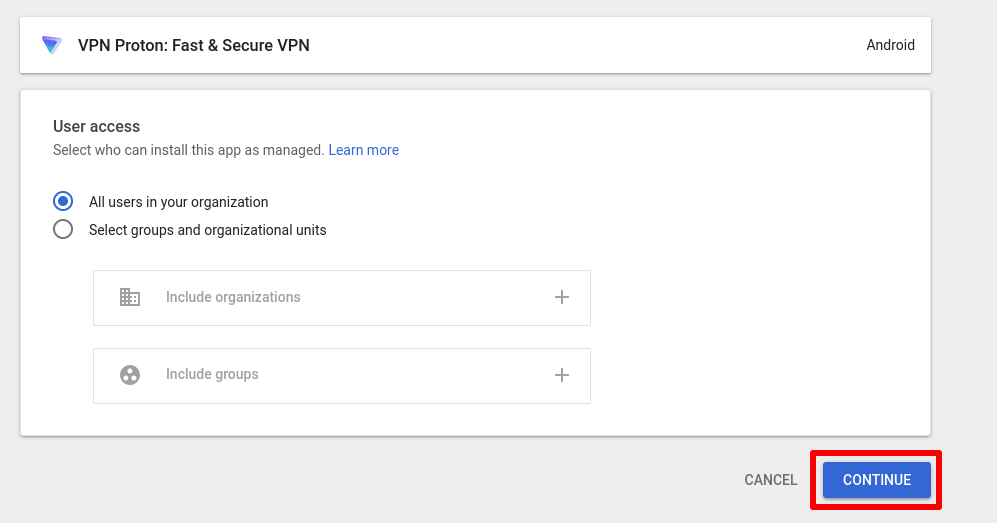 Choose which users you wish to install Proton VPN for