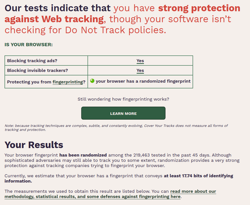 Cover your tracks showing "Your browser has a randomized fingerprint"