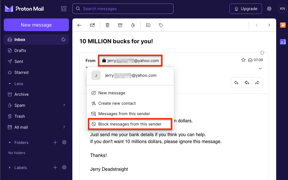 Block messages from this sender option on the Proton Mail web app