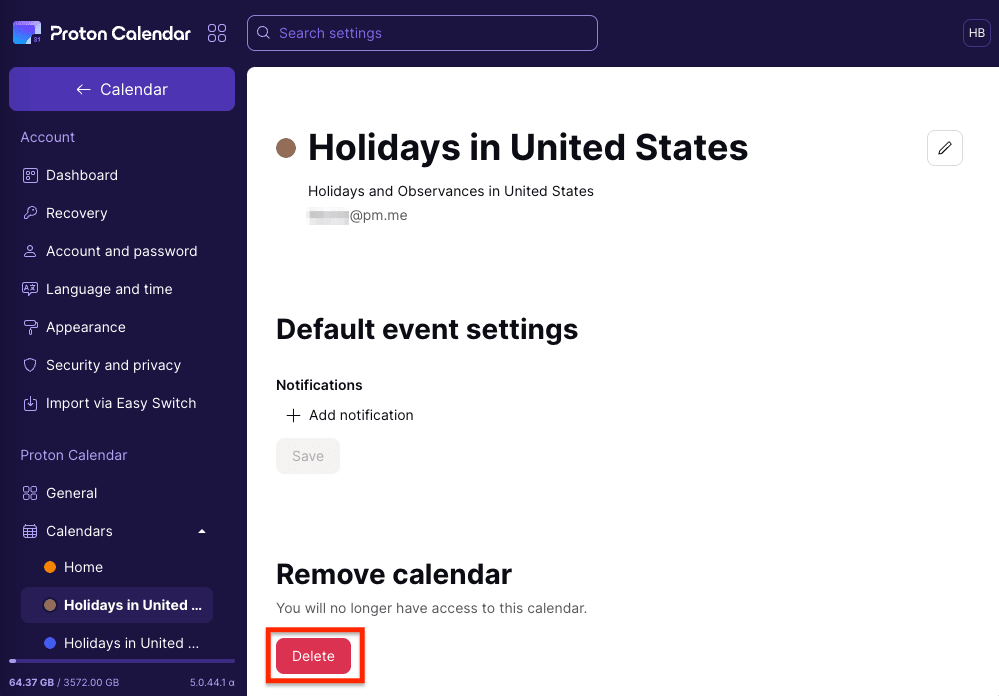Delete button to remove a public holiday