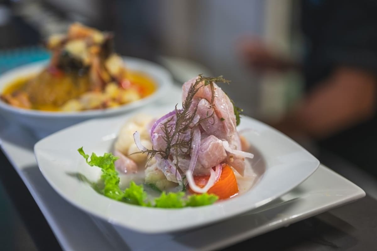 Fresh ceviche on a white plate, the signature dish of seafood restaurants in Puerto Escondido on the Pacific coast