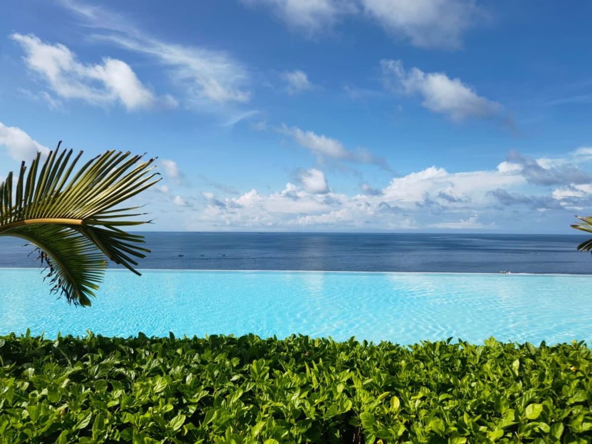 Serene infinity pool blending with ocean horizon under clear blue sky at a tropical resort