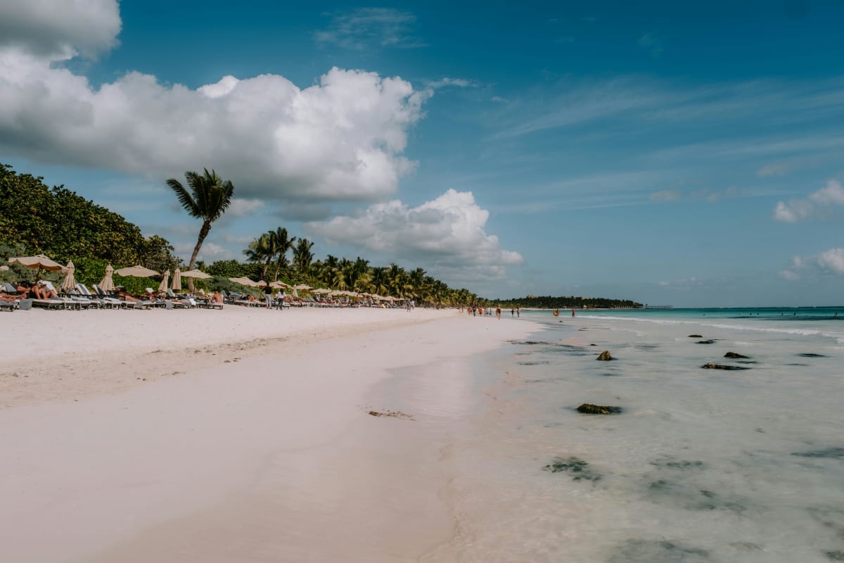 Serene beach in Tulum, Mexico with palm trees, clear water, and sunbathers under a blue sky.