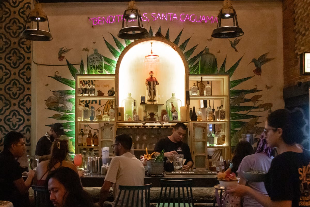 Lively Mexican bar scene with locals and travelers enjoying drinks and live music in a tropical setting