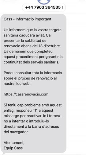 Campanya d’SMS fraudulents que suplanten la seva identitat amb l’excusa d’haver de renovar la targeta sanitària