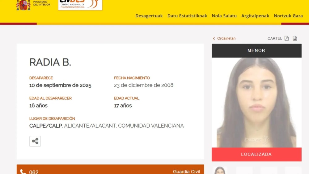 Localitzen en bon estat a Radia, la nena desapareguda a Calp fa més d'un any