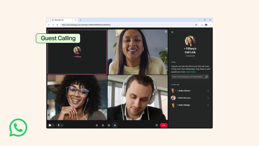 Interfície de trucades de WhatsApp per a convidats sense compte.