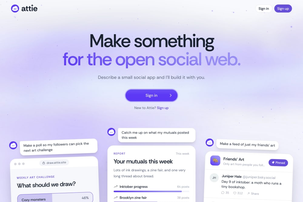 Interfície de l'eina d'intel·ligència artificial Attie de Bluesky per crear aplicacions socials.