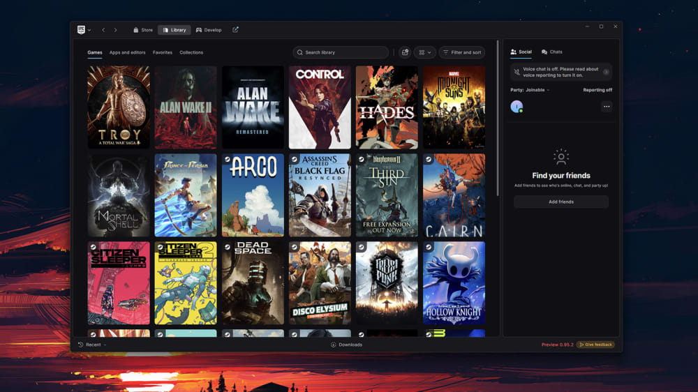 Interfície del llançador de videojocs d'Epic Games Store.