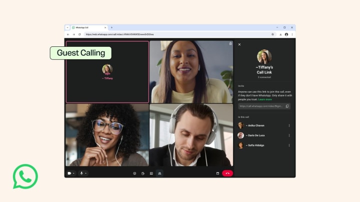 Interfície de trucades de WhatsApp per a convidats sense compte.