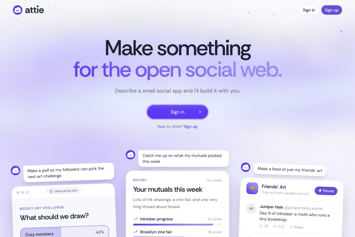 Interfície de l'eina d'intel·ligència artificial Attie de Bluesky per crear aplicacions socials.