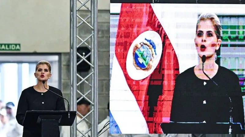 La presidenta de Costa Rica, Laura Fernández, habla durante la inauguración del Centro de Alta Seguridad para la Contención del Crimen Organizado (CACCO) en Alajuela, Costa Rica, el 14 de octubre de 2