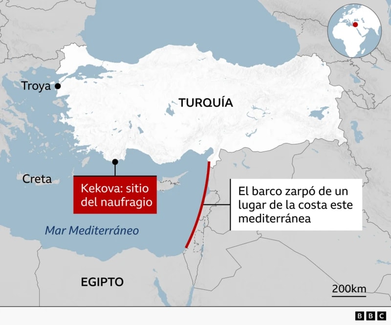 Mapa que muestra Europa, Medio Oriente y África. El punto de partida del viaje está marcado en la costa del mar Mediterráneo, la isla Kekova está marcada (en la costa sur de Turquía), Troya está marca