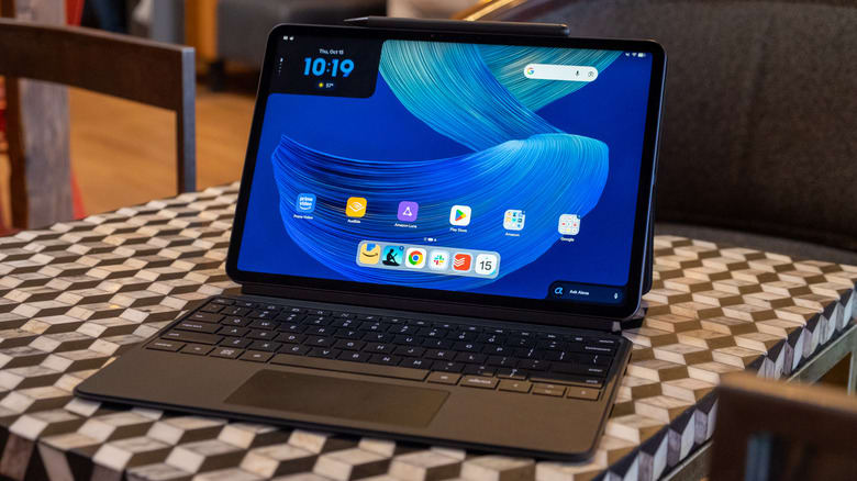 Amazon's Alexa Tablet 12 Pro with its keyboard folio sitting on a table.