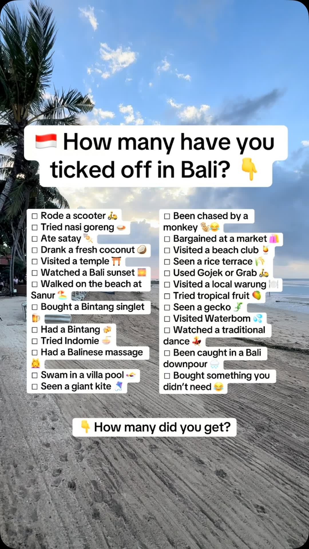 🇮🇩 How many can you tick off? ✅

Whether it’s your first trip or your fifteenth, everyone seems to