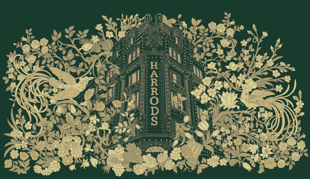 Harrods facade illustrated with gold festive foliage overlay