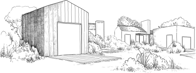 close-up of illustrated building facades, line detail