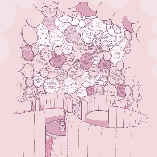 dessin en couleur d'un bouquet de ballons dans une pièce