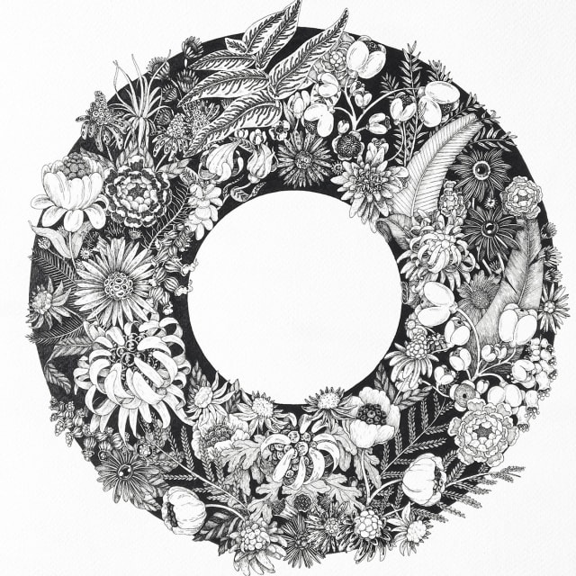 circular botanical wreath illustration of layered flowers