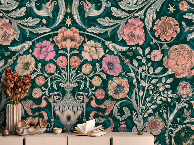 interior with dresser and oxford green and rose botanical wallpaper
