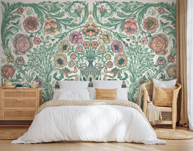 bedroom with botanical wallpaper in soft green and pale rose, bright light