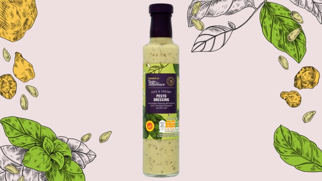 pesto dressing bottle beside botanical illustration label