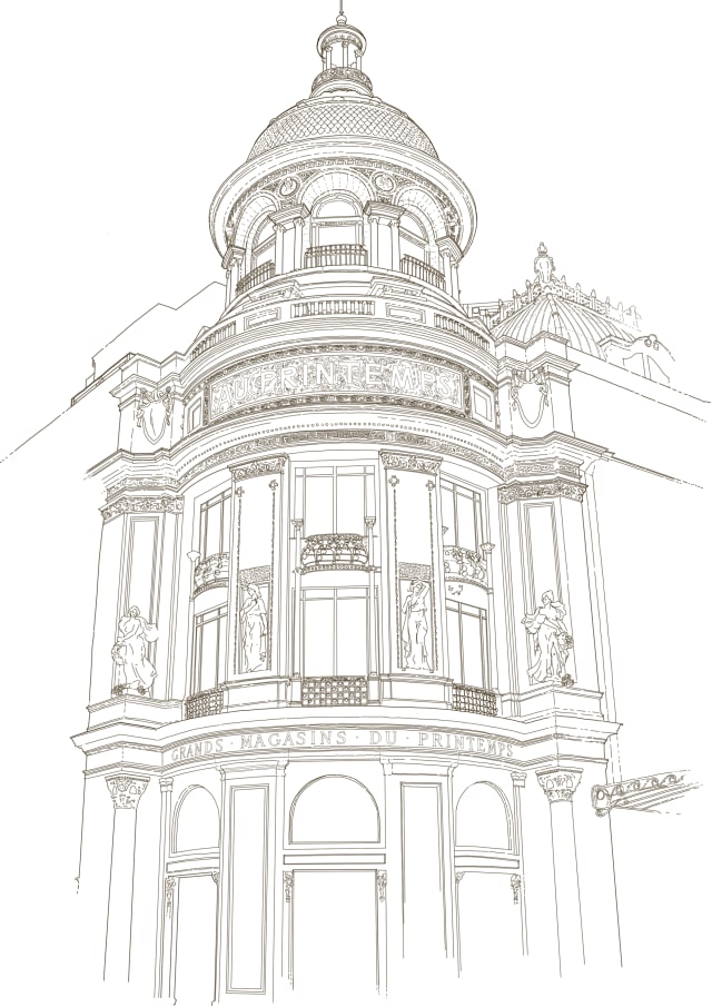 fine line illustration of the Printemps building, Paris