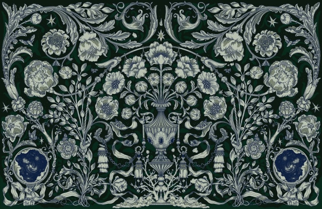botanical pattern, white and blue on black ground
