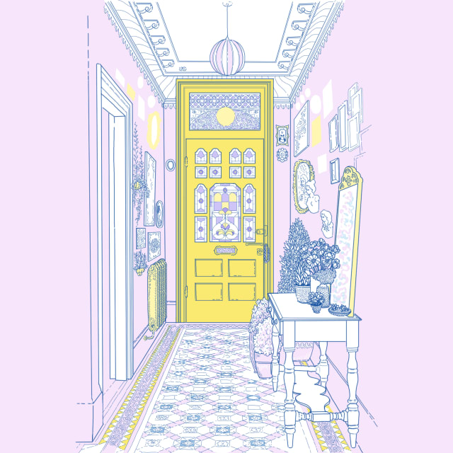 illustrated Victorian hallway with yellow panelled door