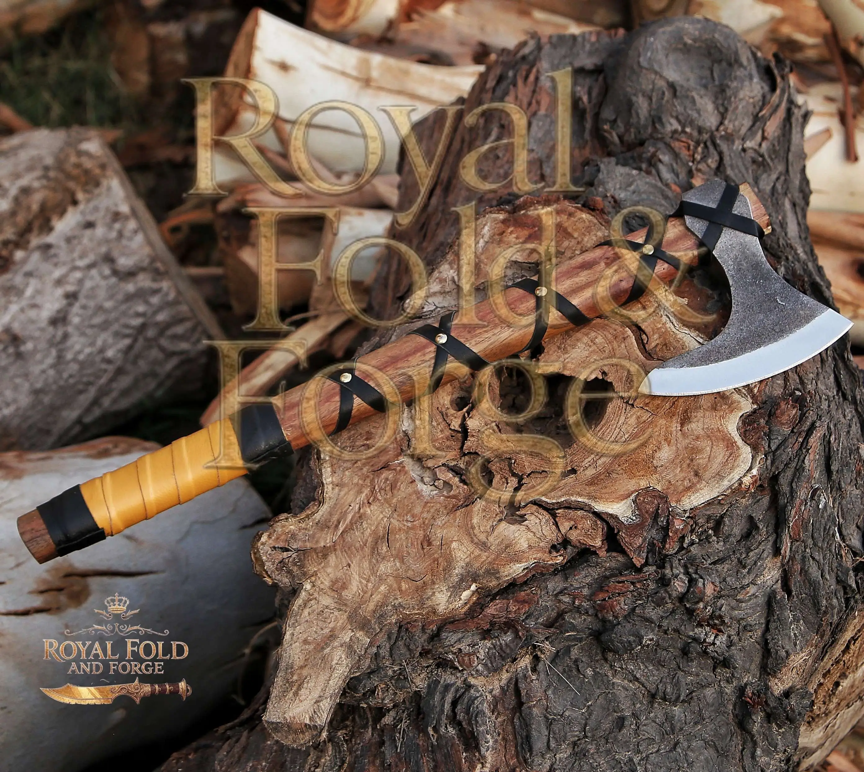 Hand-Forged Viking Style Bearded Axe with Leather Grip | Custom Carbon Steel Blade by Royal Fold and Forge