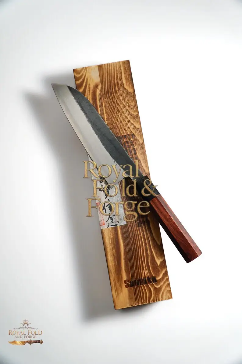 Handcrafted Japanese Santoku Kitchen Knife with Wooden Handle