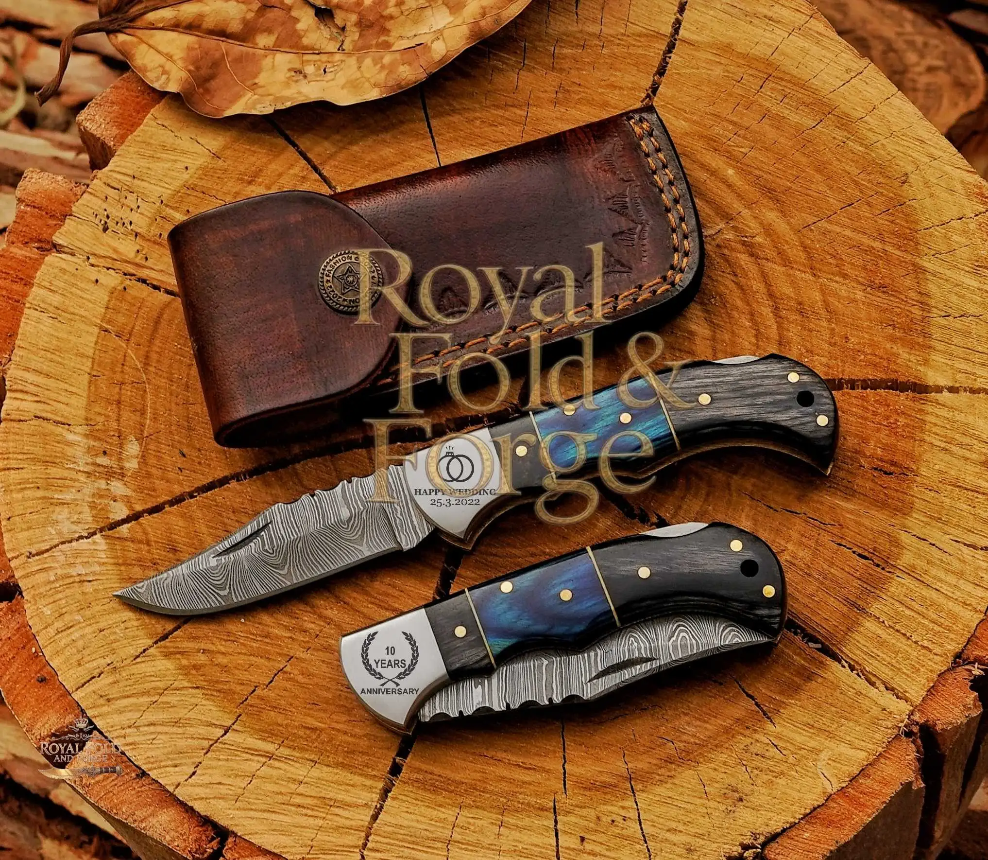 2-Piece Damascus Steel Folding Knife Set with Leather Sheath | Royal Fold & Forge