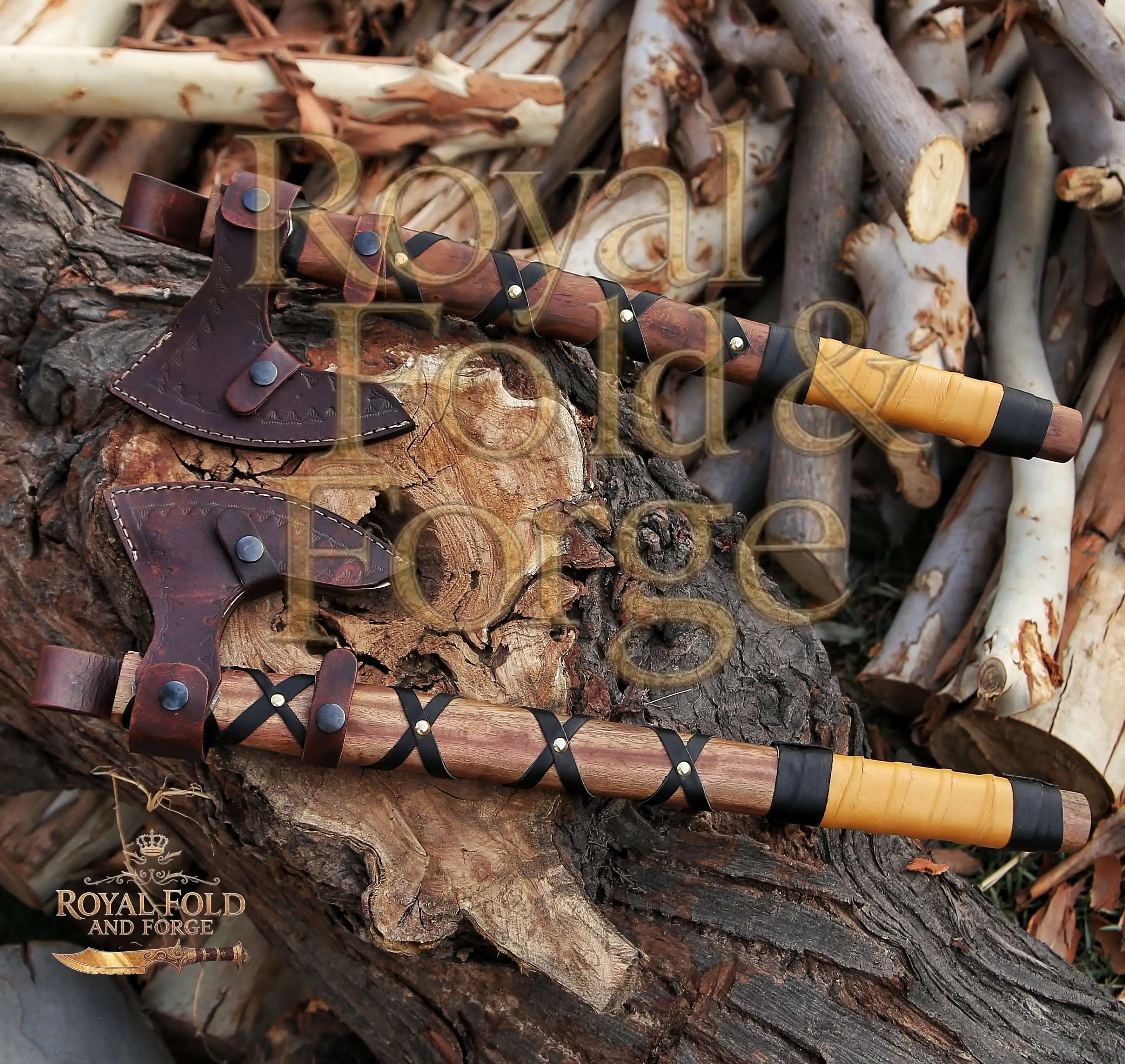 Detailed view 1 of Hand-forged Damascus steel Dual Hand-Forged Viking-Inspired Precision Outdoor Tool Set with Wrapped Grips – Royal Fold & Forge