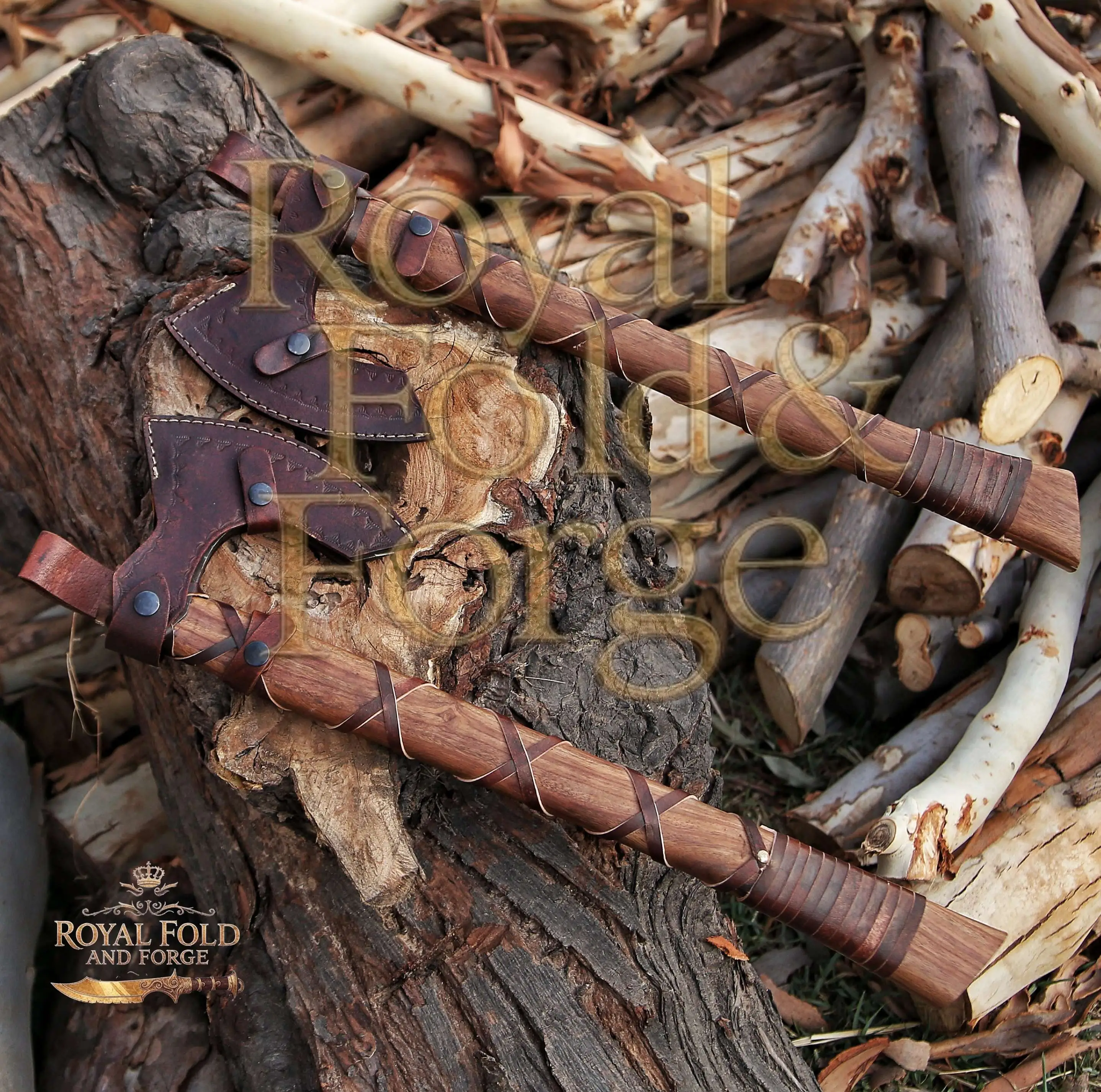 Detailed view 2 of Hand-forged Damascus steel Dual Hand-Forged Viking-Inspired Precision Outdoor Tool Set with Wrapped Grips – Royal Fold & Forge