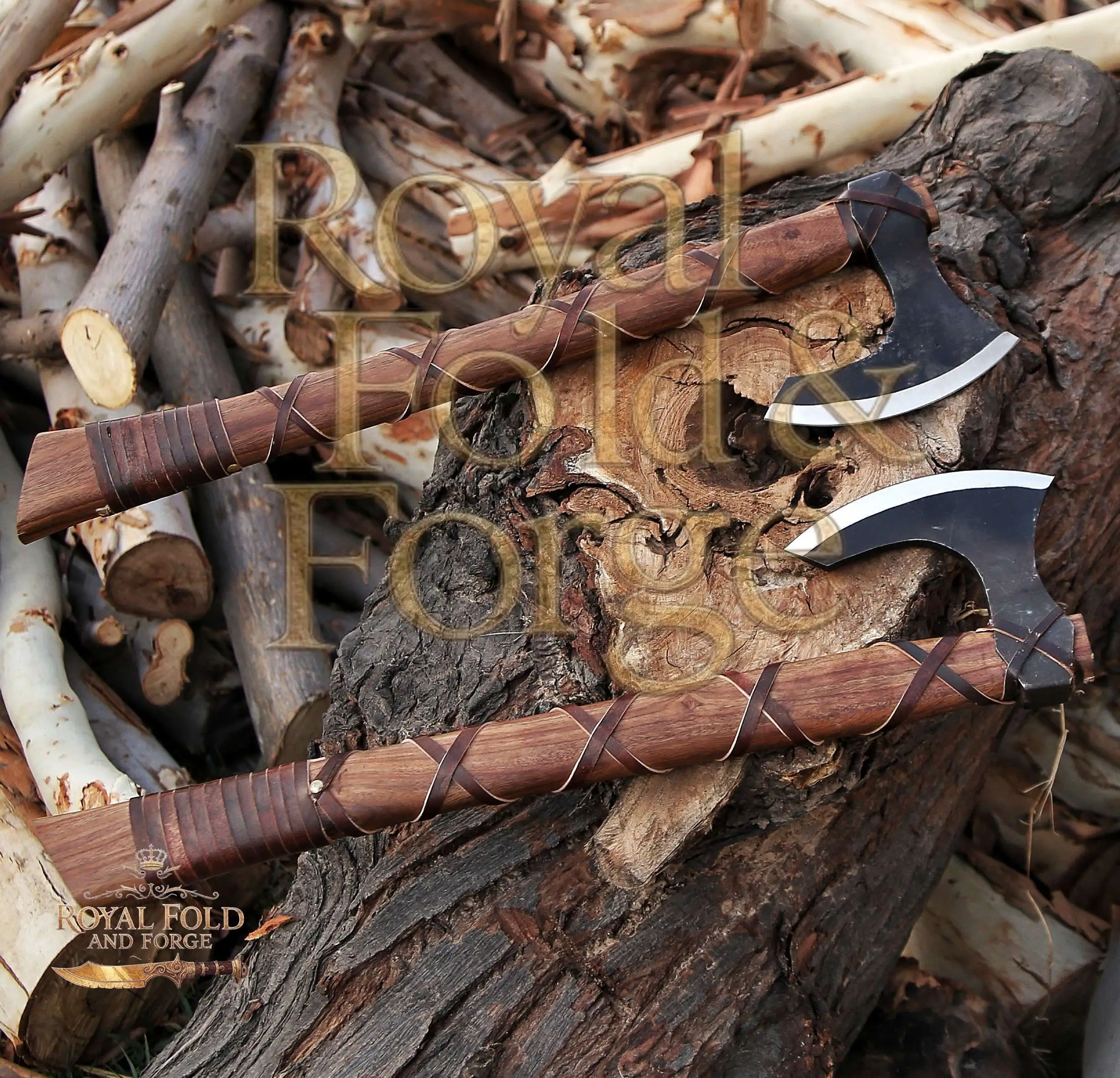 Detailed view 3 of Hand-forged Damascus steel Dual Hand-Forged Viking-Inspired Precision Outdoor Tool Set with Wrapped Grips – Royal Fold & Forge