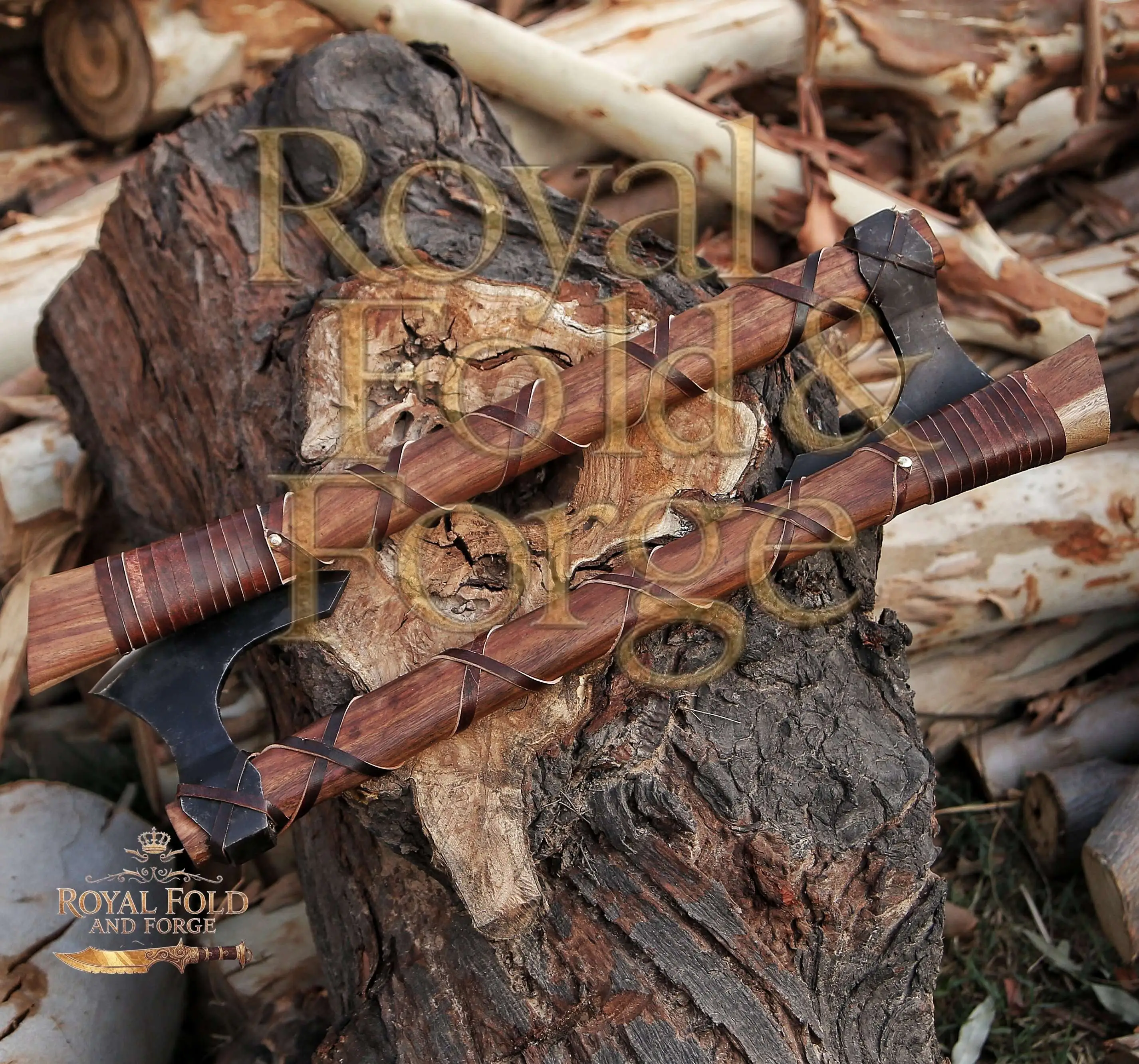 Detailed view 4 of Hand-forged Damascus steel Dual Hand-Forged Viking-Inspired Precision Outdoor Tool Set with Wrapped Grips – Royal Fold & Forge
