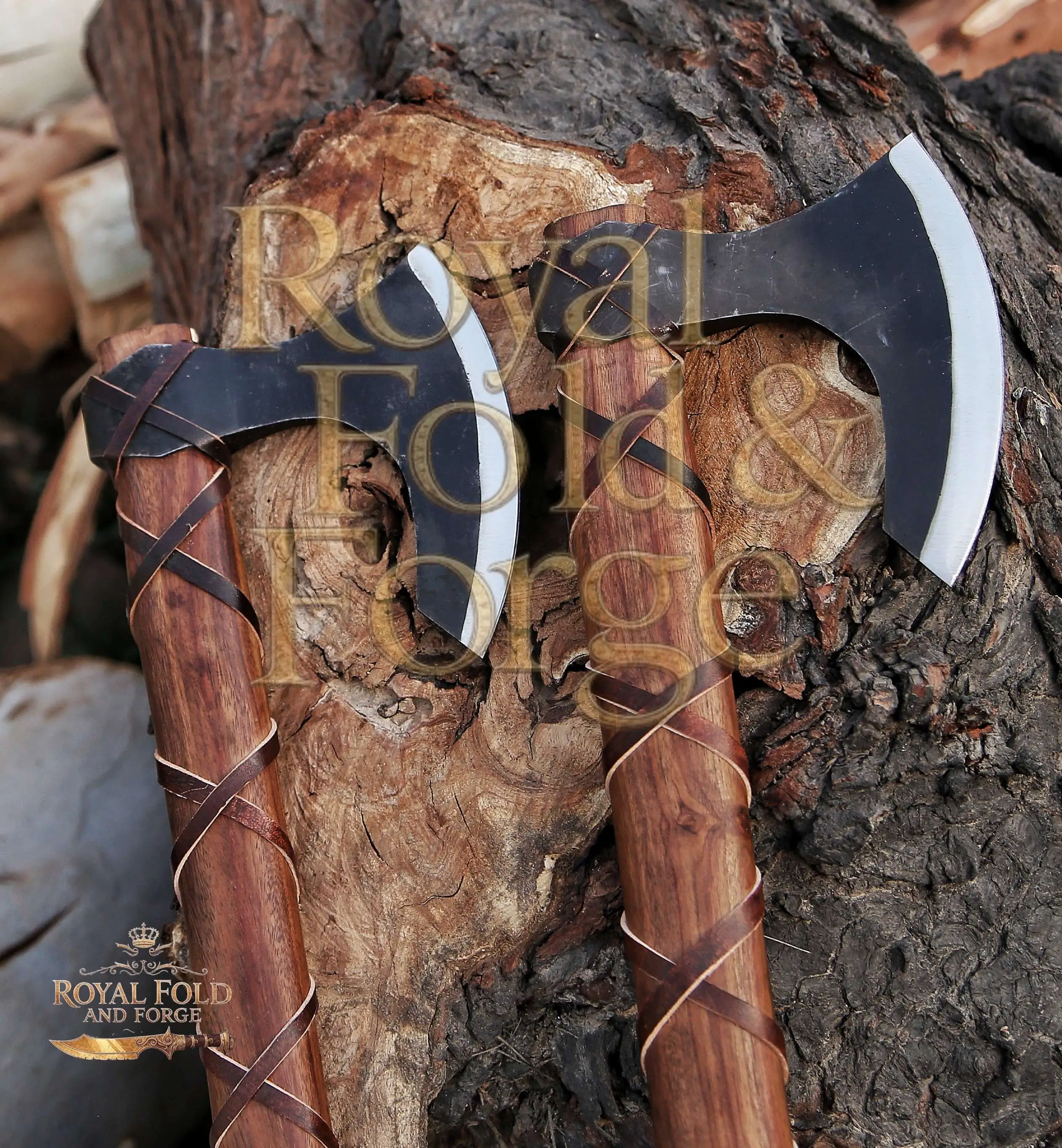 Detailed view 5 of Hand-forged Damascus steel Dual Hand-Forged Viking-Inspired Precision Outdoor Tool Set with Wrapped Grips – Royal Fold & Forge