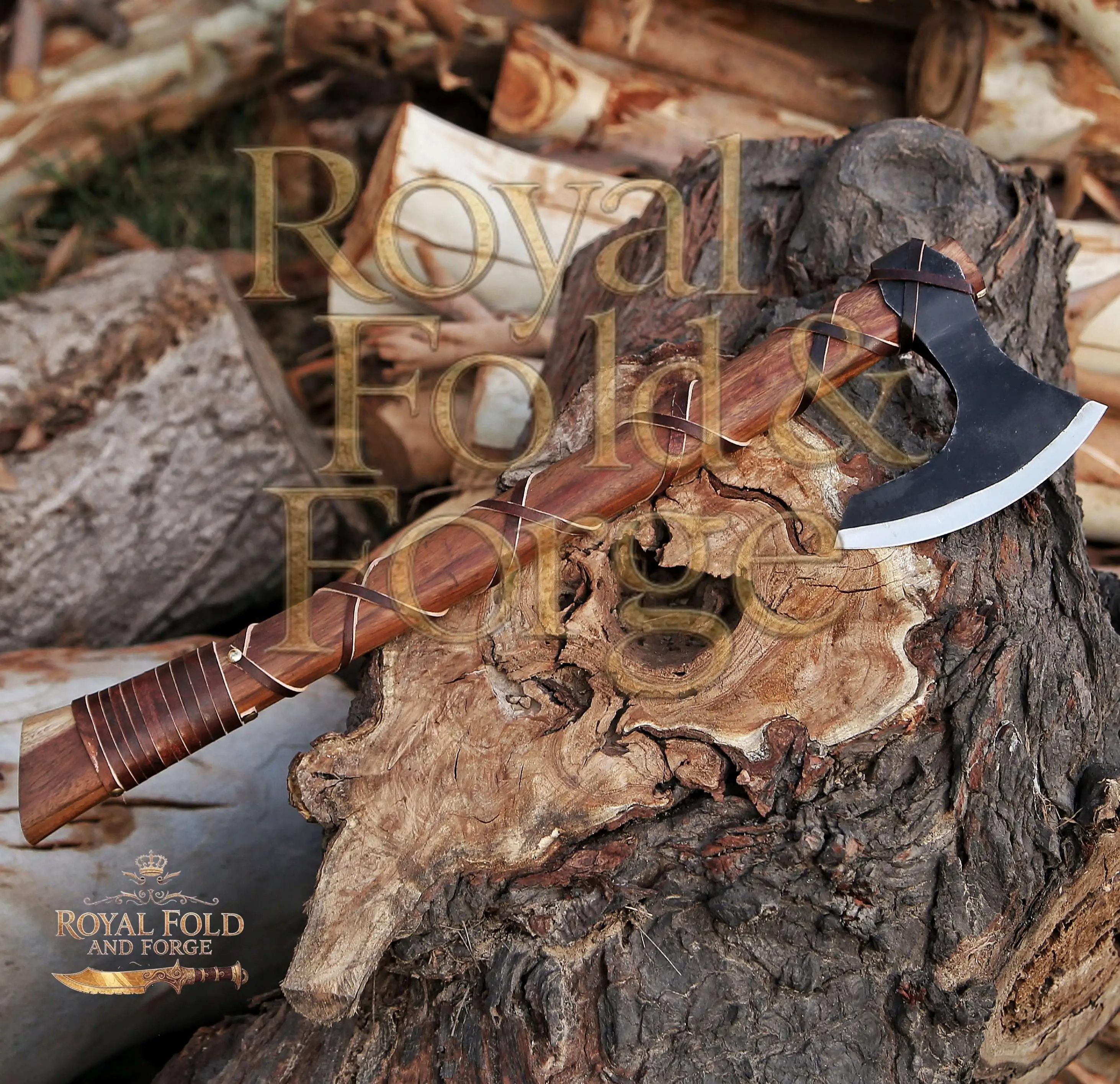 Detailed view 6 of Hand-forged Damascus steel Dual Hand-Forged Viking-Inspired Precision Outdoor Tool Set with Wrapped Grips – Royal Fold & Forge