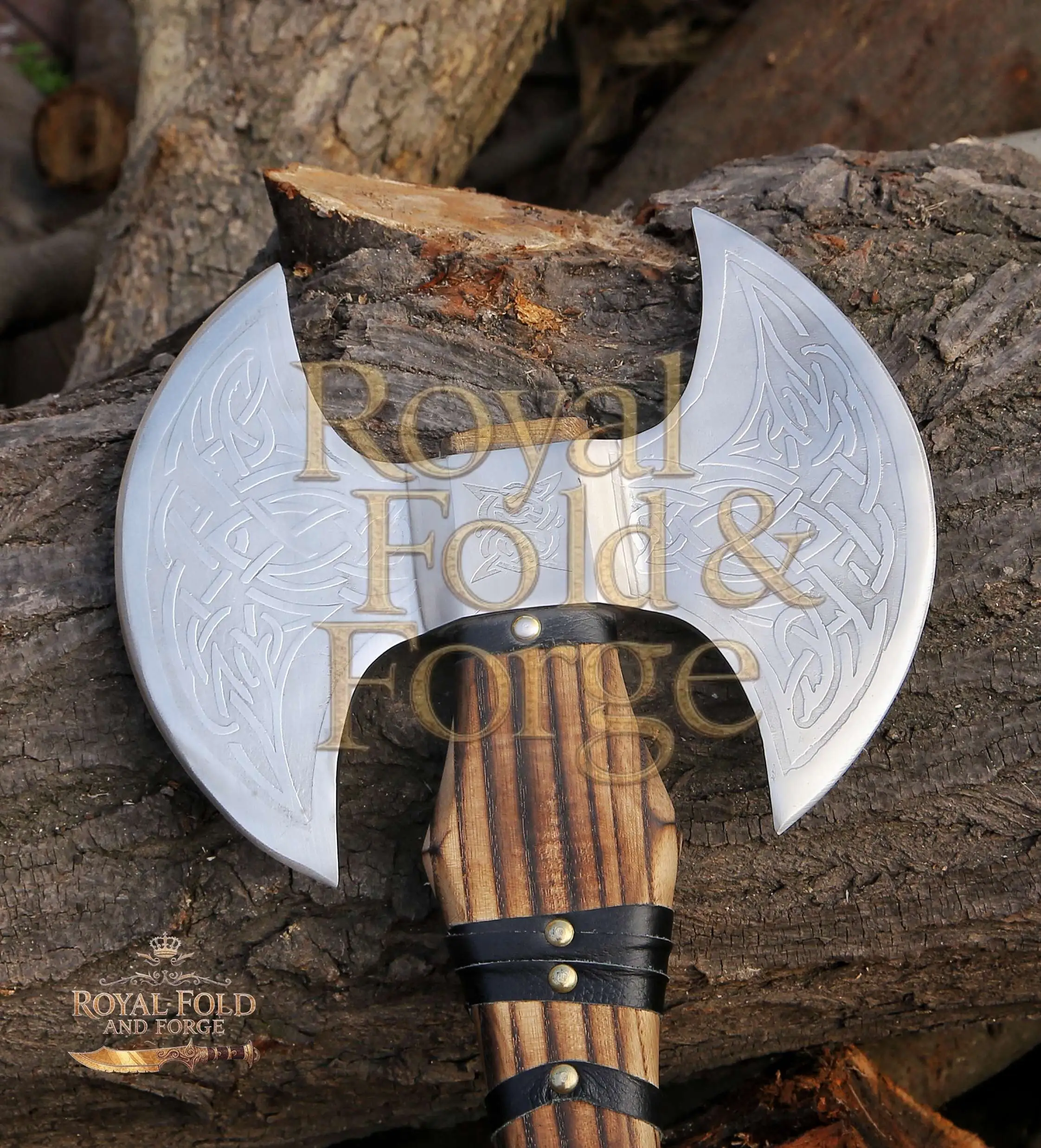 Detailed view 1 of Hand-forged Damascus steel Engraved Double-Headed Viking Style Display Tool with Wrapped Handle – Royal Fold & Forge