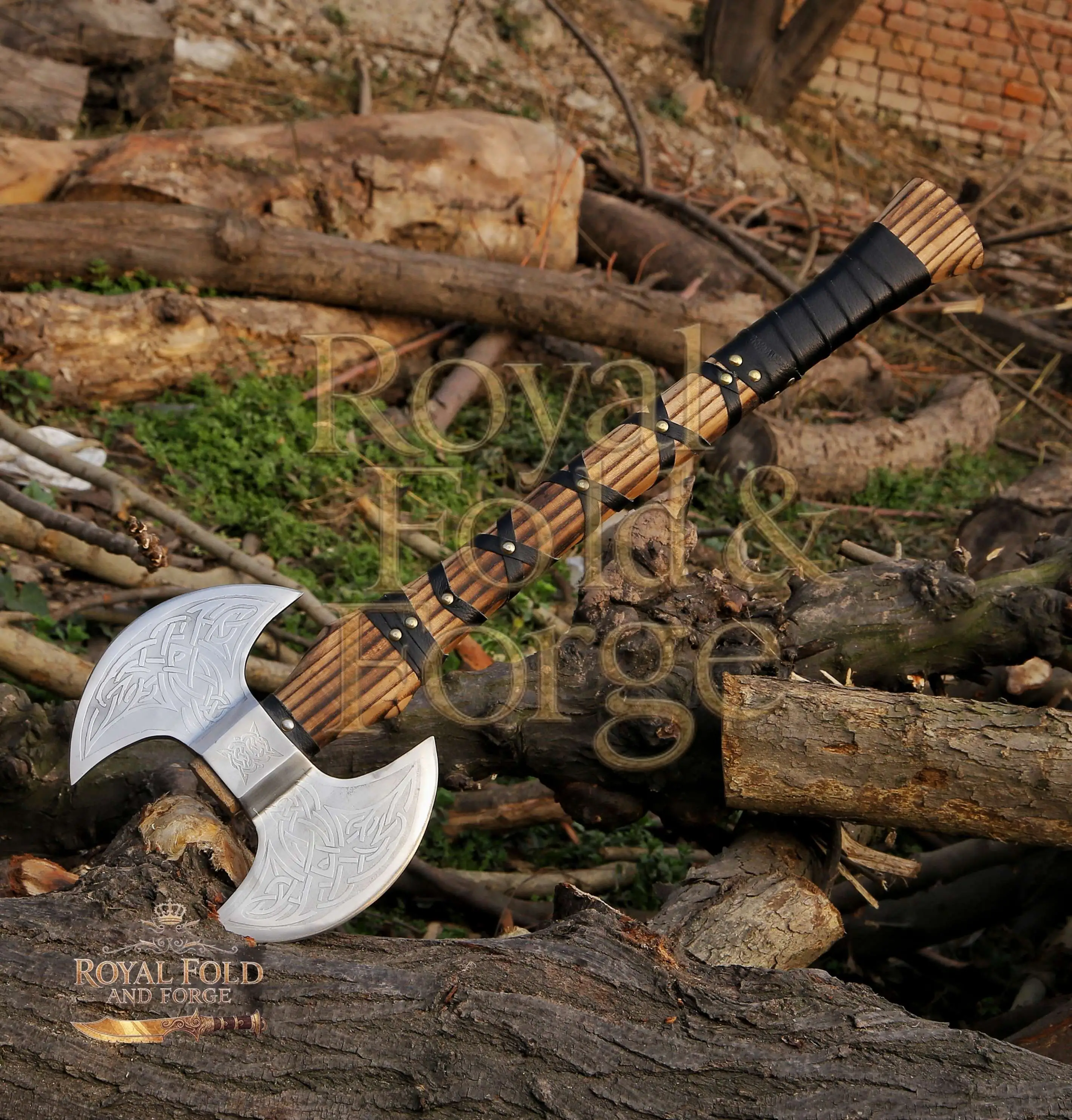 Detailed view 2 of Hand-forged Damascus steel Engraved Double-Headed Viking Style Display Tool with Wrapped Handle – Royal Fold & Forge