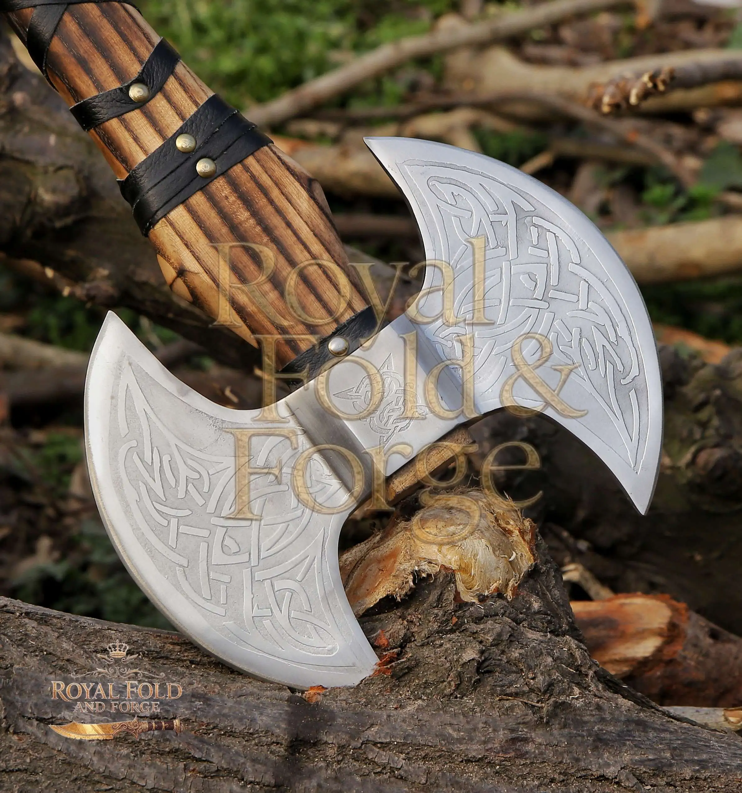 Detailed view 3 of Hand-forged Damascus steel Engraved Double-Headed Viking Style Display Tool with Wrapped Handle – Royal Fold & Forge