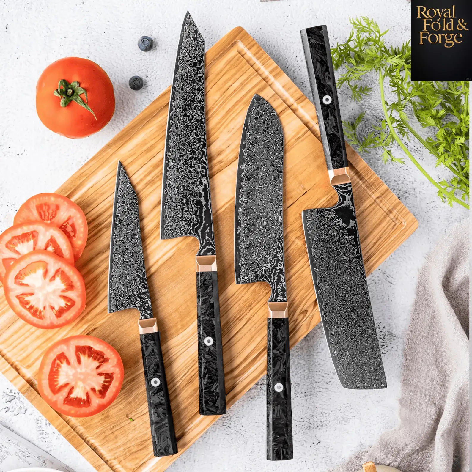 Premium Damascus Steel Knife Set – 4-Piece with Black Resin Handles and Wooden Block