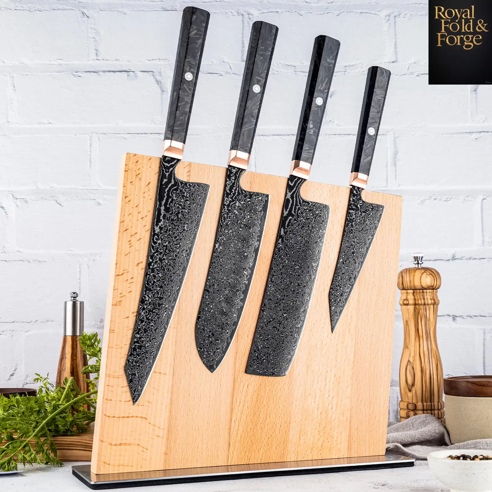 Detailed view 1 of Hand-forged Damascus steel 4-Piece Damascus Steel Chef Tool Set – Black Resin Handles with Wooden Tool Block