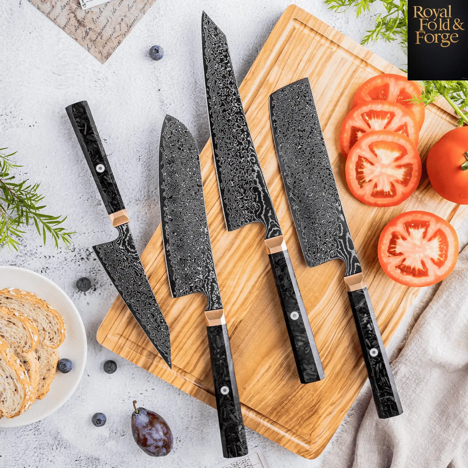 Detailed view 2 of Hand-forged Damascus steel 4-Piece Damascus Steel Chef Tool Set – Black Resin Handles with Wooden Tool Block