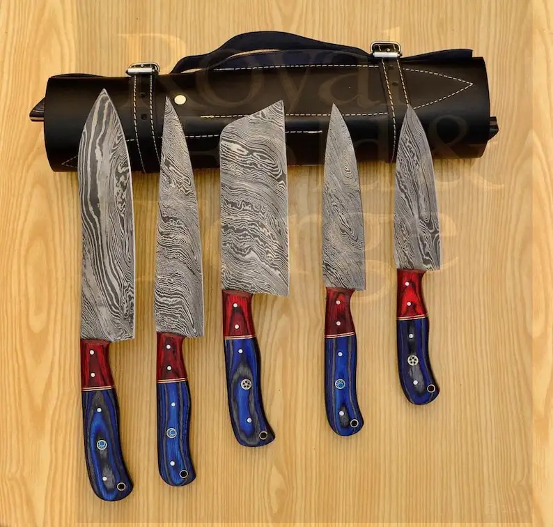 Detailed view 1 of Hand-forged Damascus steel 5Piece Damascus Steel Chef Tool Set with Red & Blue Resin Handles and Premium Leather Roll