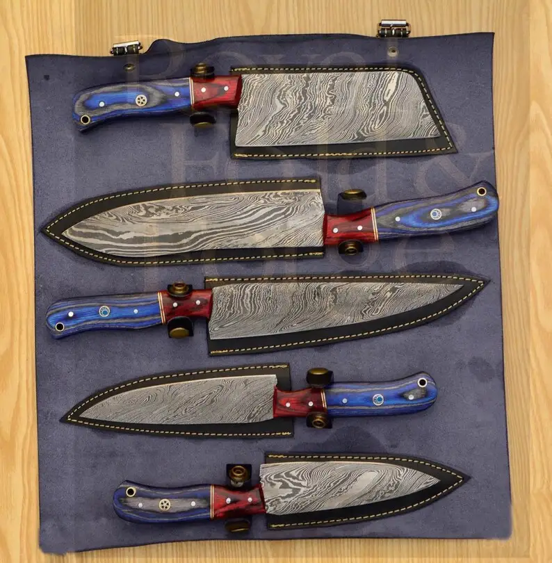 Detailed view 2 of Hand-forged Damascus steel 5Piece Damascus Steel Chef Tool Set with Red & Blue Resin Handles and Premium Leather Roll